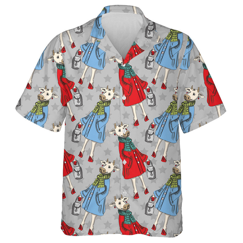 Funny Dressed Cow With Scarf Coat And Bag Hawaiian Shirt, Hawaiian Shirt Gift, Christmas Gift