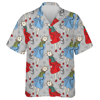 Funny Dressed Cow With Scarf Coat And Bag Hawaiian Shirt, Hawaiian Shirt Gift, Christmas Gift