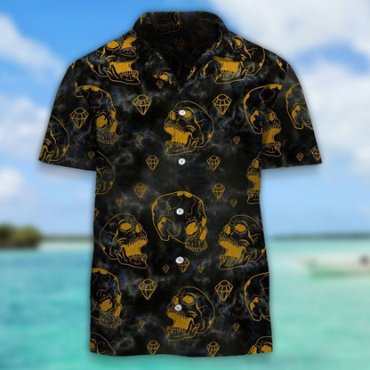 Golden Skull And Diamonds Hawaiian Aloha Shirt Hawaiian Shorts Beach Short Shirt, Hawaiian Shirt Gift, Christmas Gift