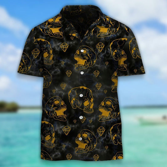 Golden Skull And Diamonds Hawaiian Aloha Shirt Hawaiian Shorts Beach Short Shirt, Hawaiian Shirt Gift, Christmas Gift