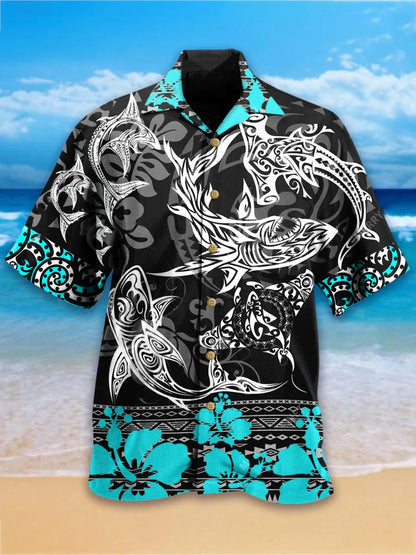 Shark Love Life Tropical Turquoise Hibiscus Floral Design Hawaiian Shirt, Hawaiian Shirt Gift, Christmas Gift
