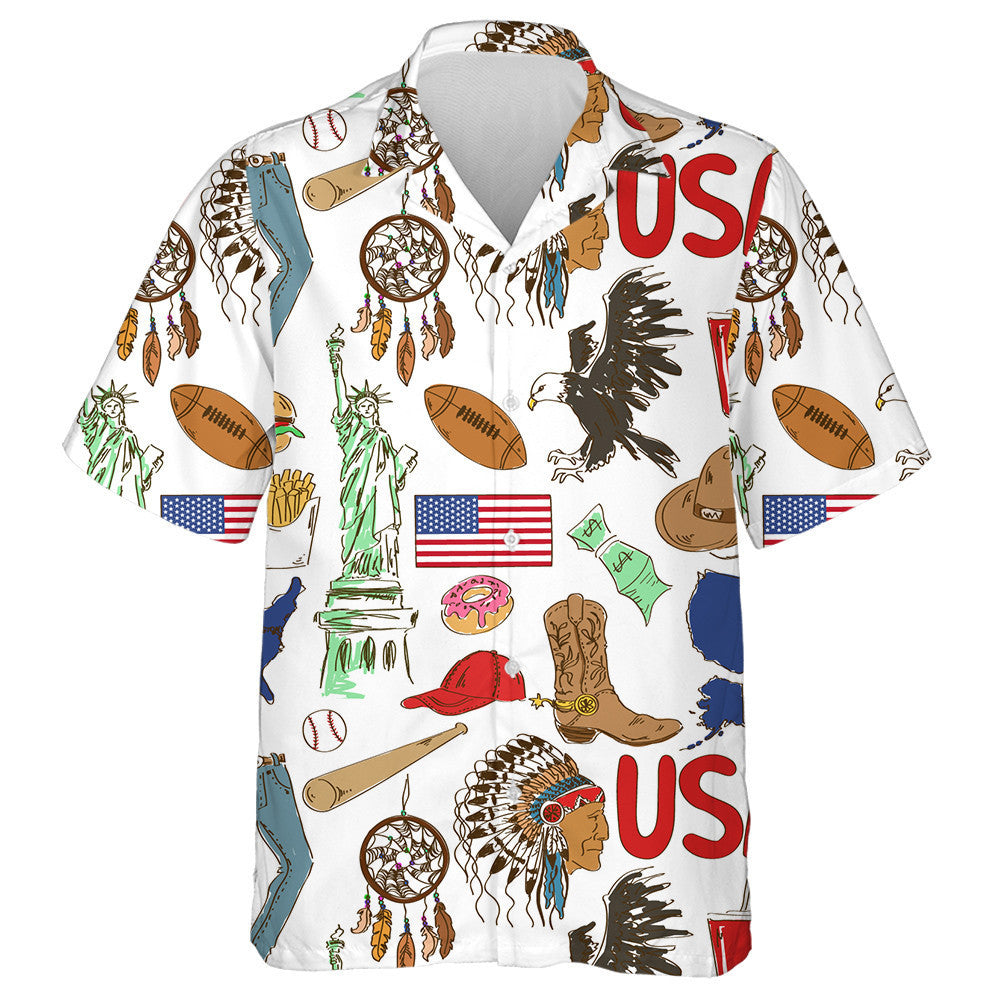 Fun Colorful Sketch America Symbolism On White Background Hawaiian Shirt, Hawaiian Shirt Gift, Christmas Gift