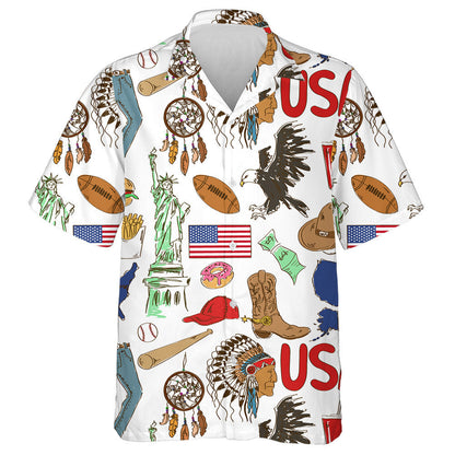 Fun Colorful Sketch America Symbolism On White Background Hawaiian Shirt, Hawaiian Shirt Gift, Christmas Gift