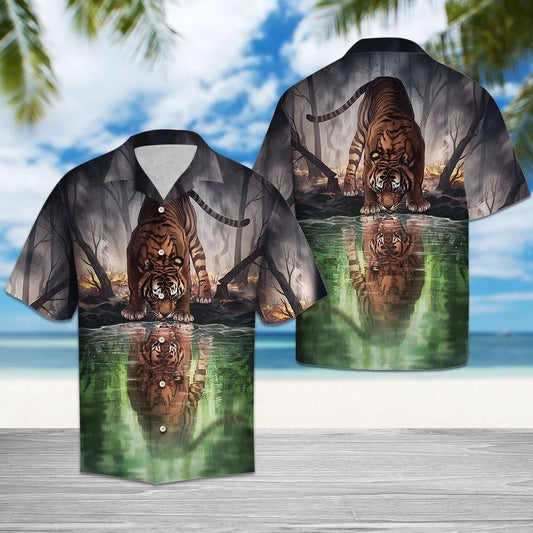 Fantasy Tiger Drink Water And Reflection On Water Hawaiian Shirt, Hawaiian Shirt Gift, Christmas Gift