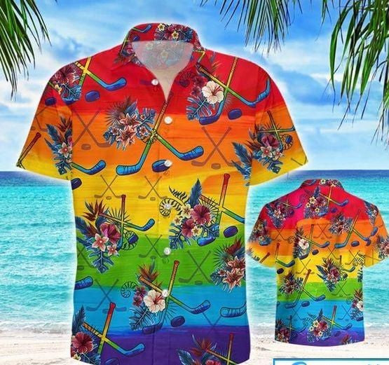 Ombre Rainbow Hockey Tropical Design Hawaiian Shirt,Hawaiian Shirt Gift, Christmas Gift