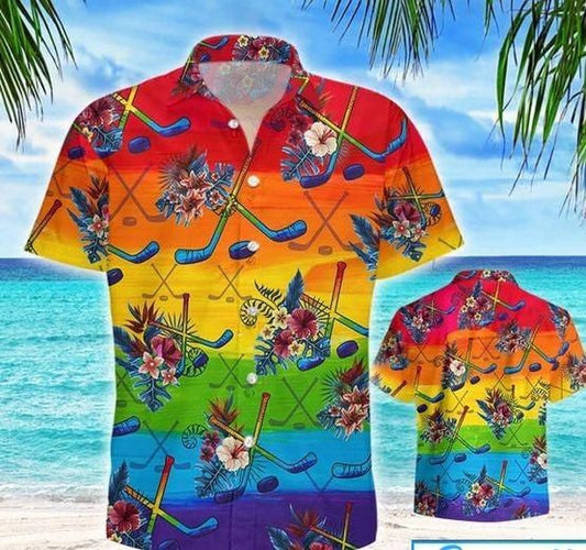 Ombre Rainbow Hockey Tropical Design Hawaiian Shirt,Hawaiian Shirt Gift, Christmas Gift