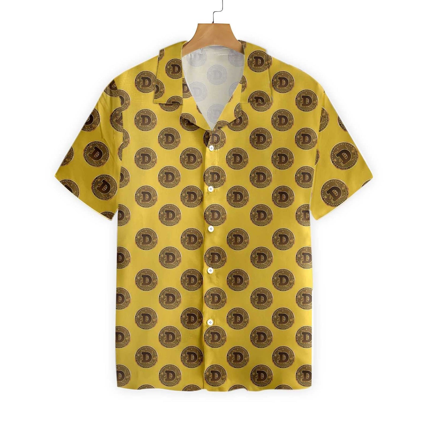 Dogecoin Black And Goldenrod Design Hawaiian Shirt, Hawaiian Shirt Gift, Christmas Gift