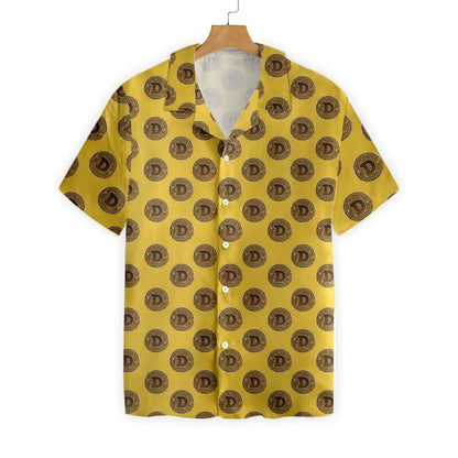 Dogecoin Black And Goldenrod Design Hawaiian Shirt, Hawaiian Shirt Gift, Christmas Gift