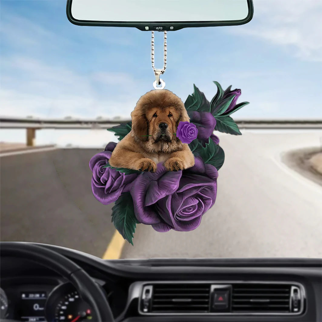Tibetan Mastiff In Purple Rose Car Hanging Ornament, Christmas Decoration