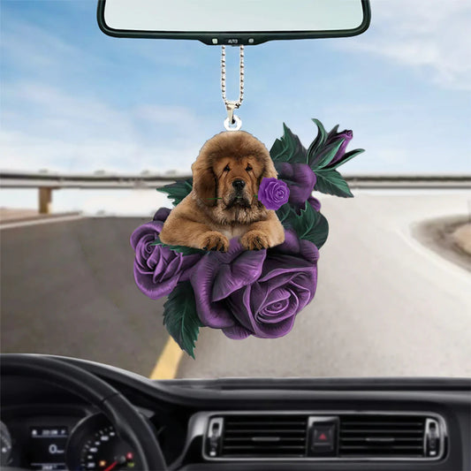Tibetan Mastiff In Purple Rose Car Hanging Ornament, Christmas Decoration