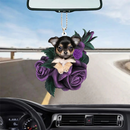 Chihuahua In Purple Rose Car Hanging Ornament, Car Hanging Ornament For Dog Dad, Christmas Decoration