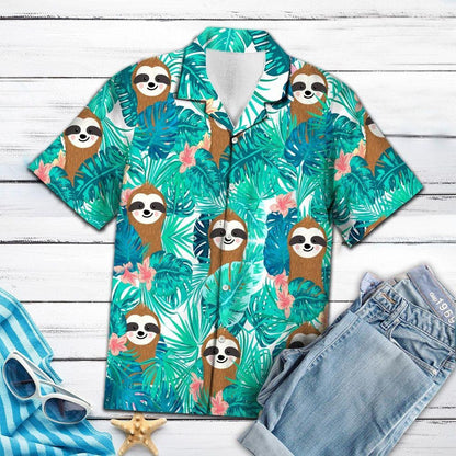 Cartoon Sloth Tropical Jungle Design Hawaiian Shirt, Hawaiian For Gift