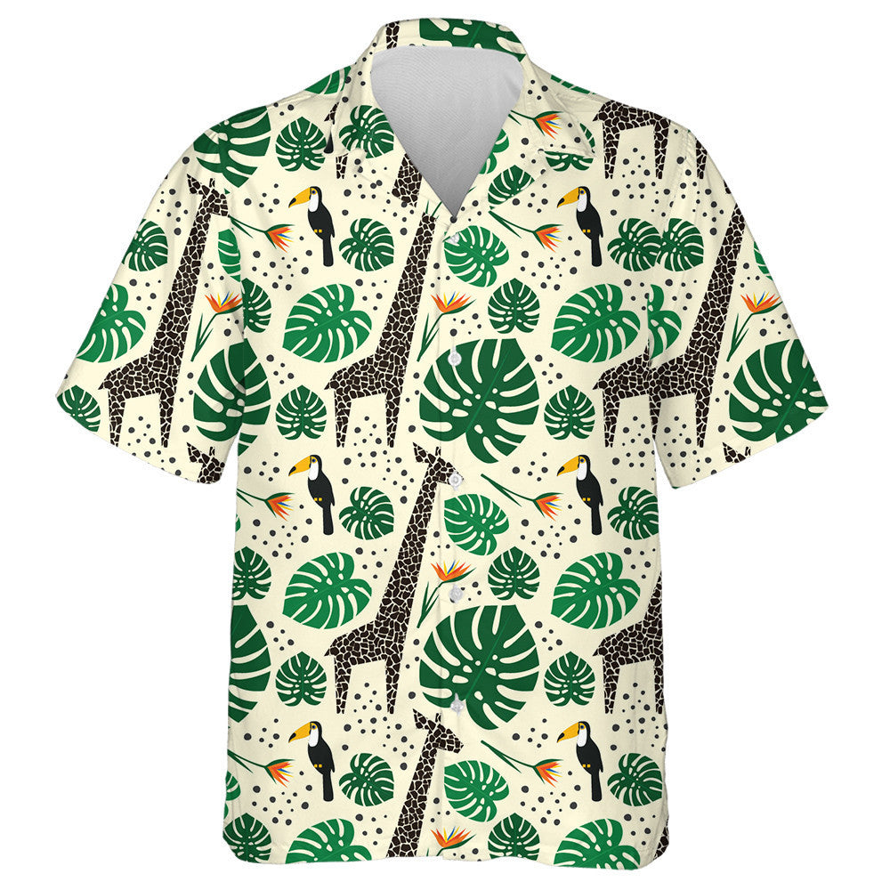 Monstera Leaf With Black Giraffe And Toucan Pattern Hawaiian Shirt, Hawaiian Shirt Gift, Christmas Gift