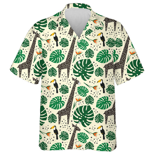 Monstera Leaf With Black Giraffe And Toucan Pattern Hawaiian Shirt, Hawaiian Shirt Gift, Christmas Gift