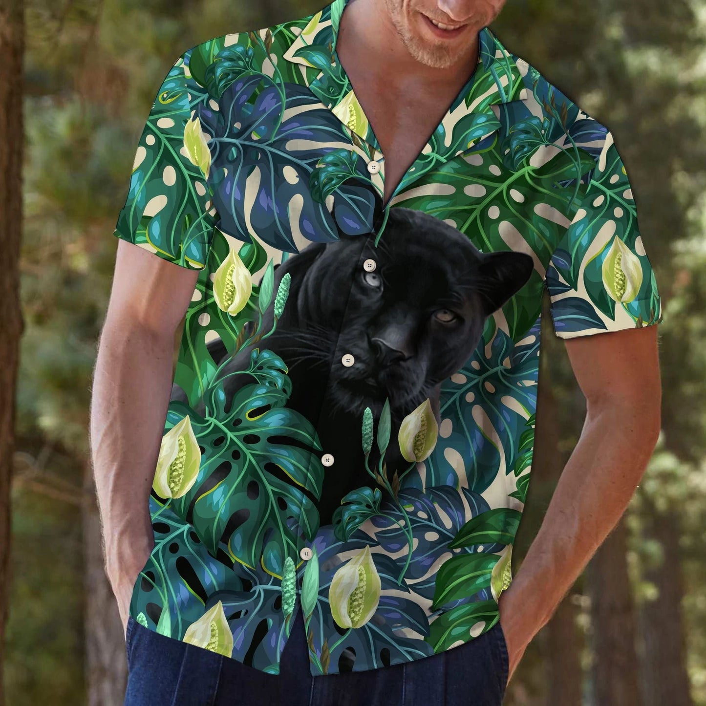Black Panther Among Monstera Leaves Hawaiian Shirt, Hawaiian For Gift