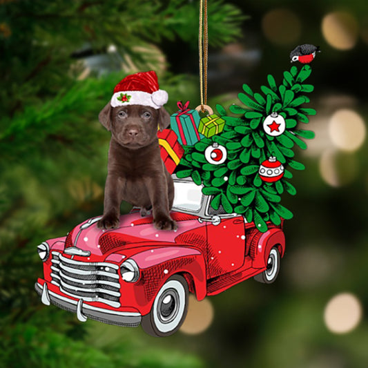 CHOCOLATE Labrador-Pine Truck Hanging Christmas Plastic Hanging Ornament, Christmas Gift, Christmas Decoration