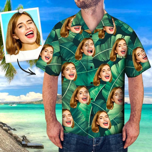 Green Banana Leaf Custom Photo Hawaiian Shirt,Hawaiian Shirt Gift, Christmas Gift
