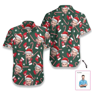 Custom Photo With Santa Hat And Candy Christmas Hawaiian Shirt, Hawaiian Shirt Gift, Christmas Gift.