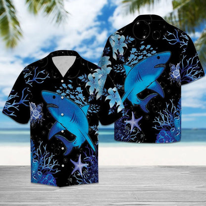 Blue Shark And Starfishes Under Deep Ocean Hawaiian Shirt, Hawaiian Shirt Gift, Christmas Gift