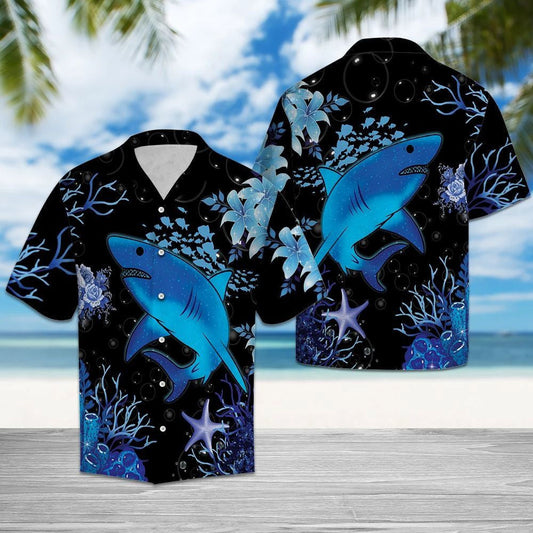 Blue Shark And Starfishes Under Deep Ocean Hawaiian Shirt, Hawaiian Shirt Gift, Christmas Gift