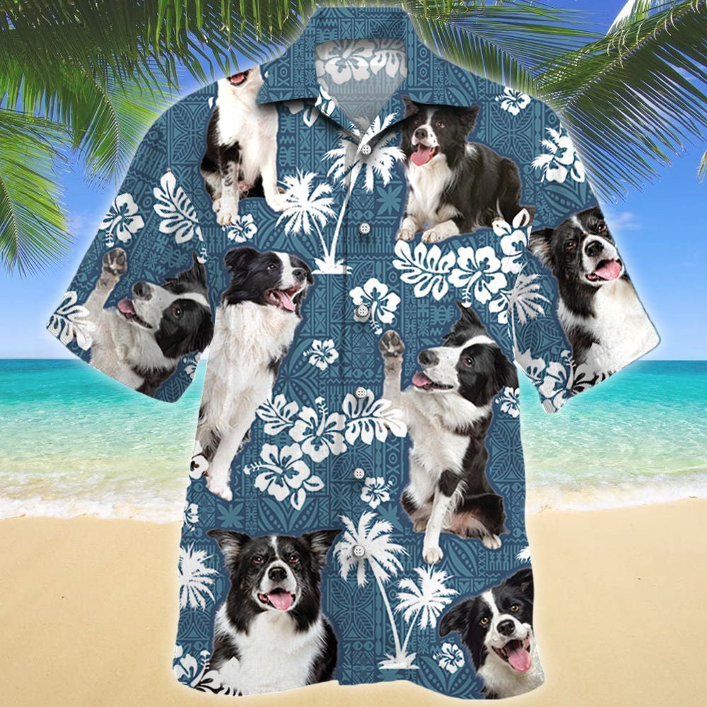 Border Collie Dog Blue And Black Tribal Pattern Hawaiian Shirt, Hawaiian Shirt Gift, Christmas Gift