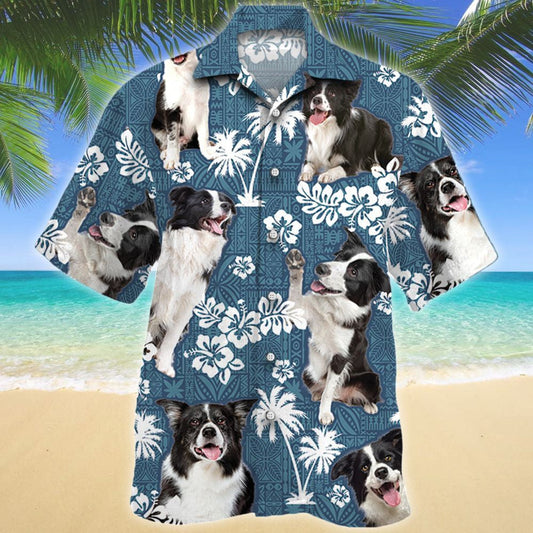 Border Collie Dog Blue And Black Tribal Pattern Hawaiian Shirt, Hawaiian Shirt Gift, Christmas Gift