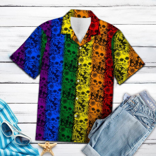 Tropical Plants And Skull Lgbt Color Striped Pattern Hawaiian Shirt, Hawaiian Shirt Gift, Christmas Gift