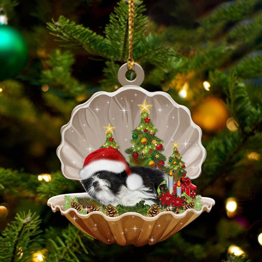 Black And White Shih Tzu-Sleeping Pearl in Christmas Two Sided Christmas Plastic Hanging Ornament, Christmas Ornament Gift, Christmas Gift, Christmas Decoration