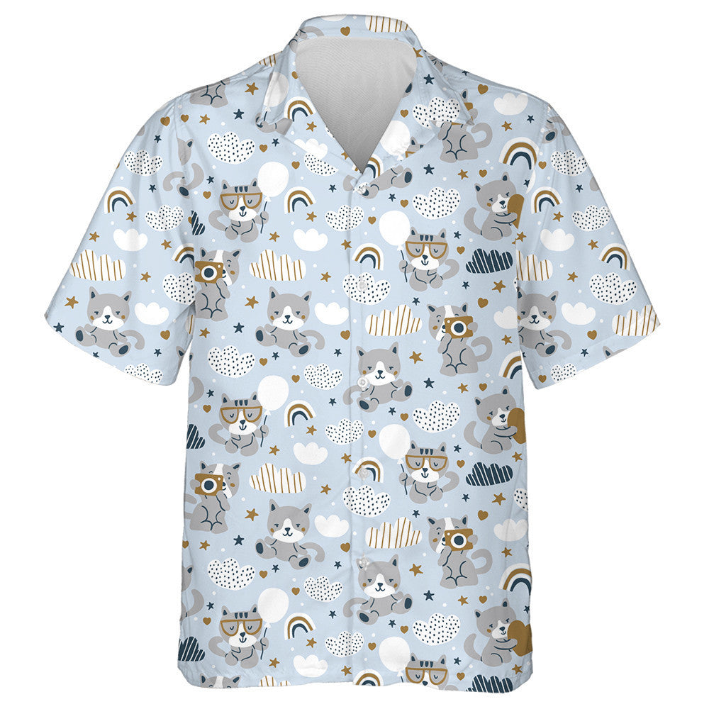 Cute Cats Clouds And Rainbows On Blue Background Hawaiian Shirt, Hawaiian Shirt Gift, Christmas Gift