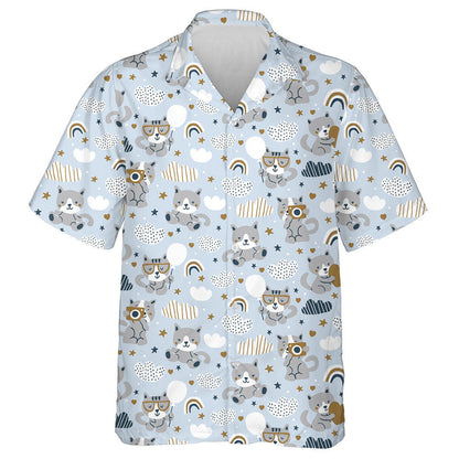 Cute Cats Clouds And Rainbows On Blue Background Hawaiian Shirt, Hawaiian Shirt Gift, Christmas Gift