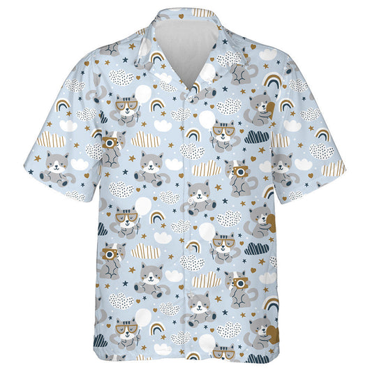Cute Cats Clouds And Rainbows On Blue Background Hawaiian Shirt, Hawaiian Shirt Gift, Christmas Gift