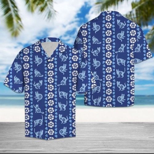 Cat Blue Floral Hawaiian Shirt Summer_Hawaiian Shirt Gift, Christmas Gift