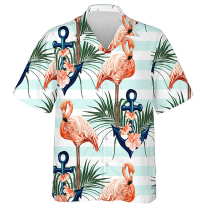 Beautiful Flamingo With Blue Anchor And Palm Leaves Hawaiian Shirt, Hawaiian Shirt Gift, Christmas Gift