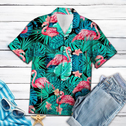 Gorgeous Flamingo With Tropical Leaves Jungle Pattern Hawaiian Shirt, Hawaiian Shirt Gift, Christmas Gift