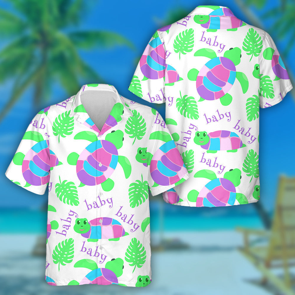 Turtle And Palm Tree Stylized Dark Red Background Hawaiian Shirt, Hawaiian Shirt Gift, Christmas Gift
