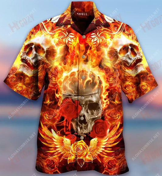 Flaming Rose Skull Short Hawaiian Shirt Hobbies Tropical Shirts Custom Hawaiian Shirts Hawaiian Shirts For Men, Hawaiian Shirt Gift, Christmas Gift