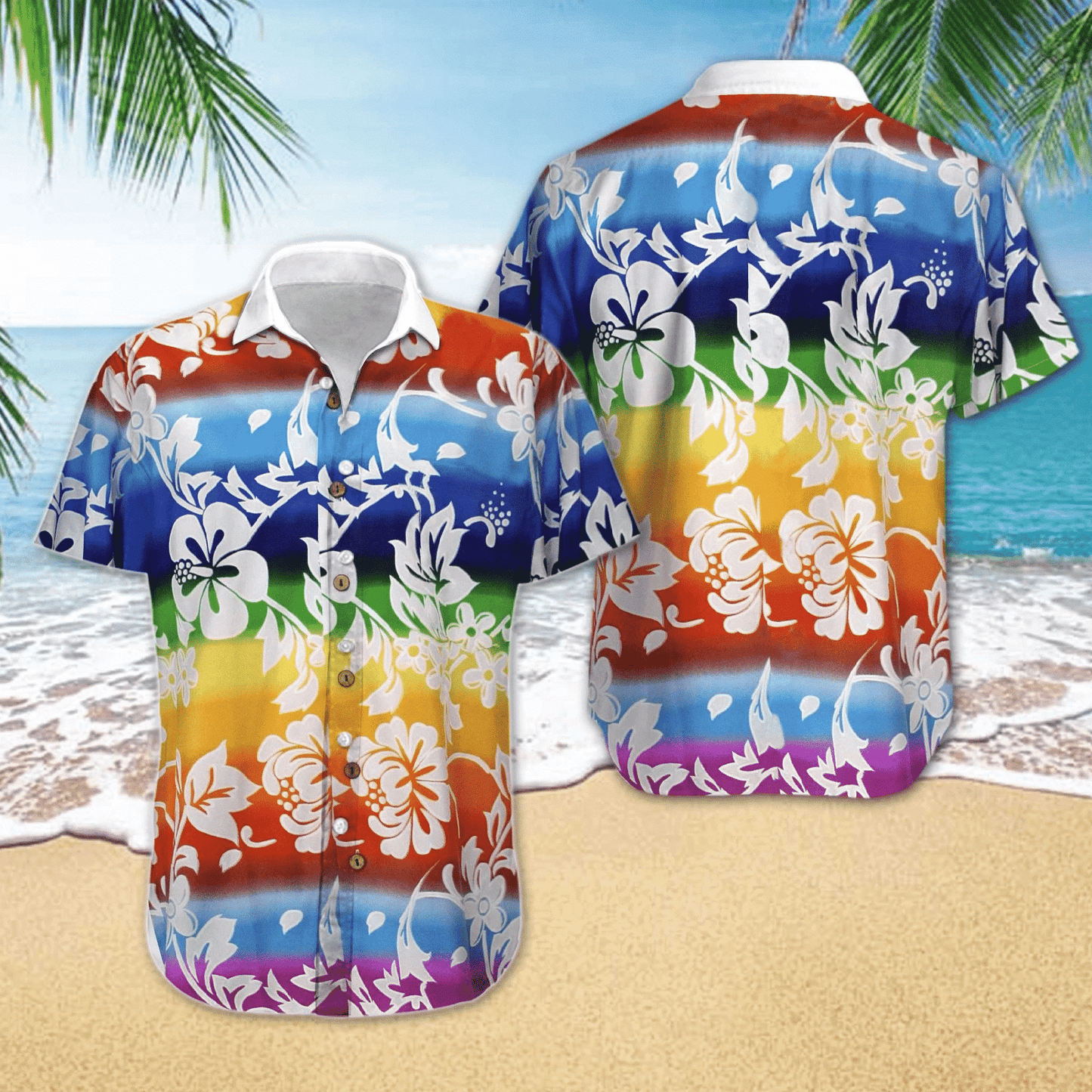 Lgbt White Flower Pattern Colorful Theme Hawaiian Shirt,Hawaiian Shirt Gift, Christmas Gift