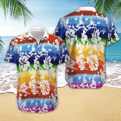 Lgbt White Flower Pattern Colorful Theme Hawaiian Shirt,Hawaiian Shirt Gift, Christmas Gift
