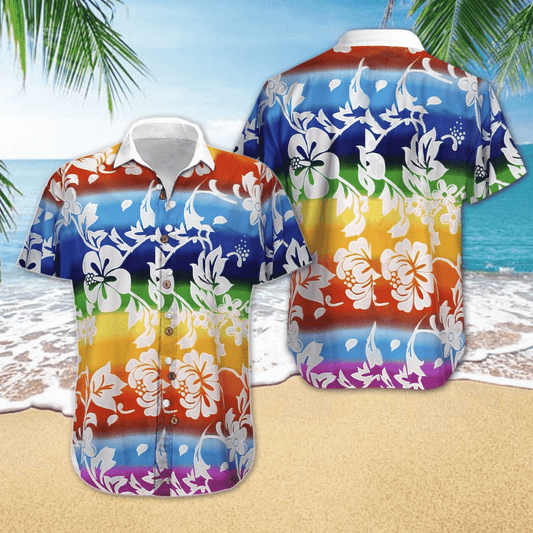 Lgbt White Flower Pattern Colorful Theme Hawaiian Shirt,Hawaiian Shirt Gift, Christmas Gift