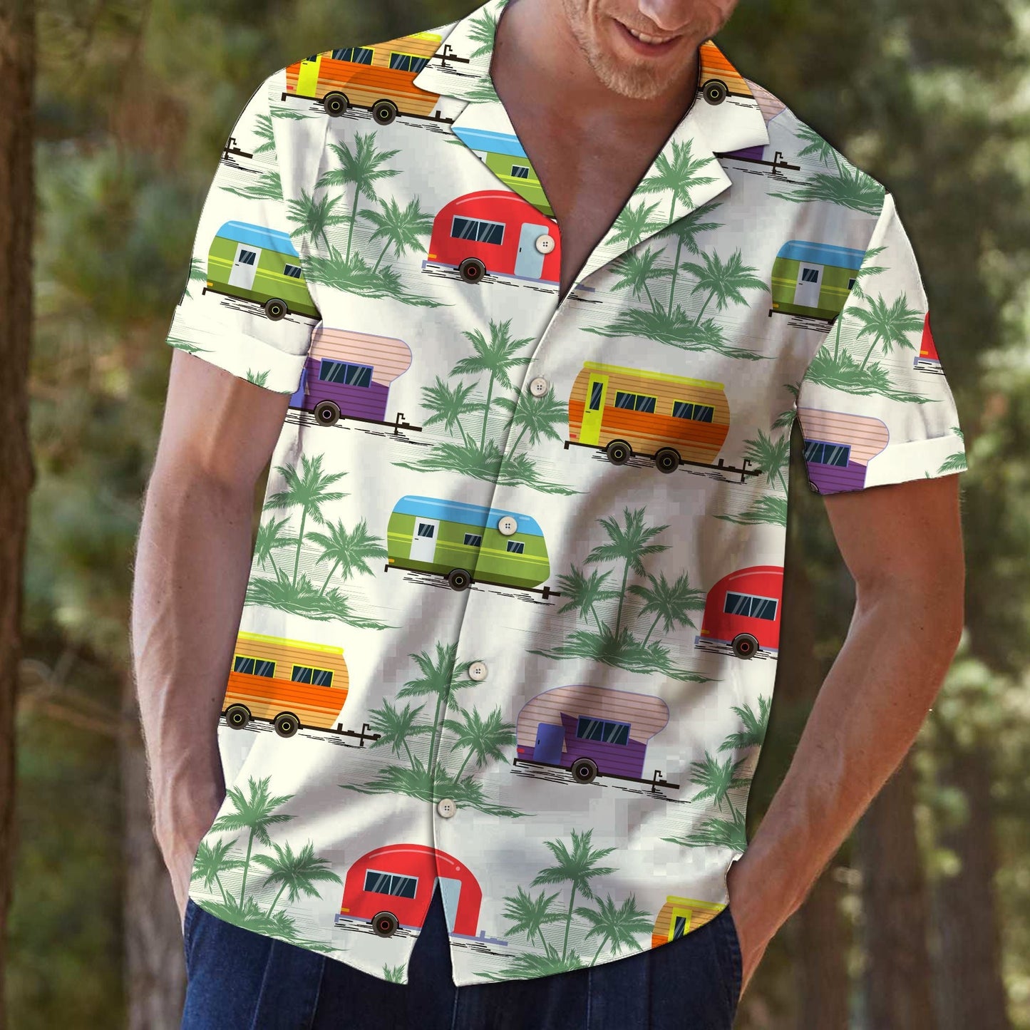 Caravan Green Palm Trees In White Design Hawaiian Shirt, Hawaiian Shirt Gift, Christmas Gift