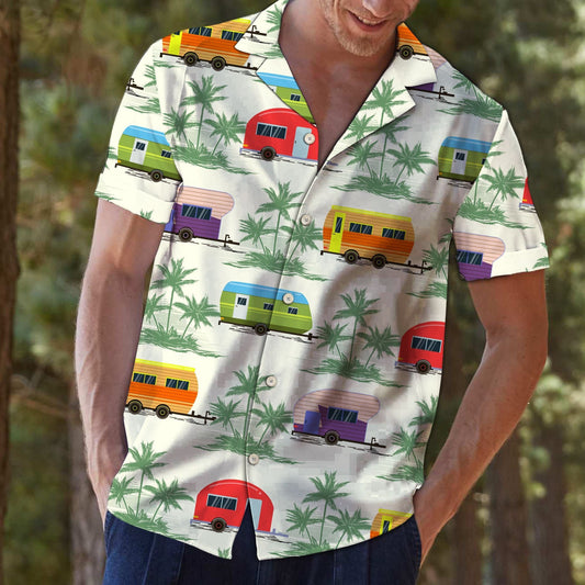 Caravan Green Palm Trees In White Design Hawaiian Shirt, Hawaiian Shirt Gift, Christmas Gift