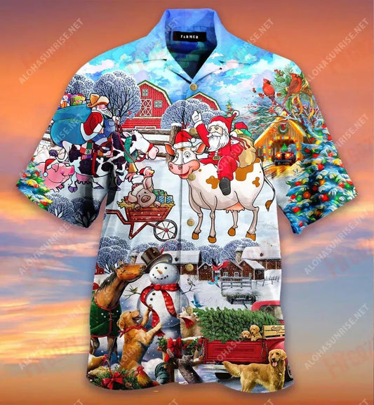 Farmer Santa Claus Riding Farm Cow Farming Christmas Short Hawaiian Shirt Ocean Short Sleeve Hawaiian Crazy Shirts Hawaiian Shirt Pattern, Hawaiian Shirt Gift, Christmas Gift