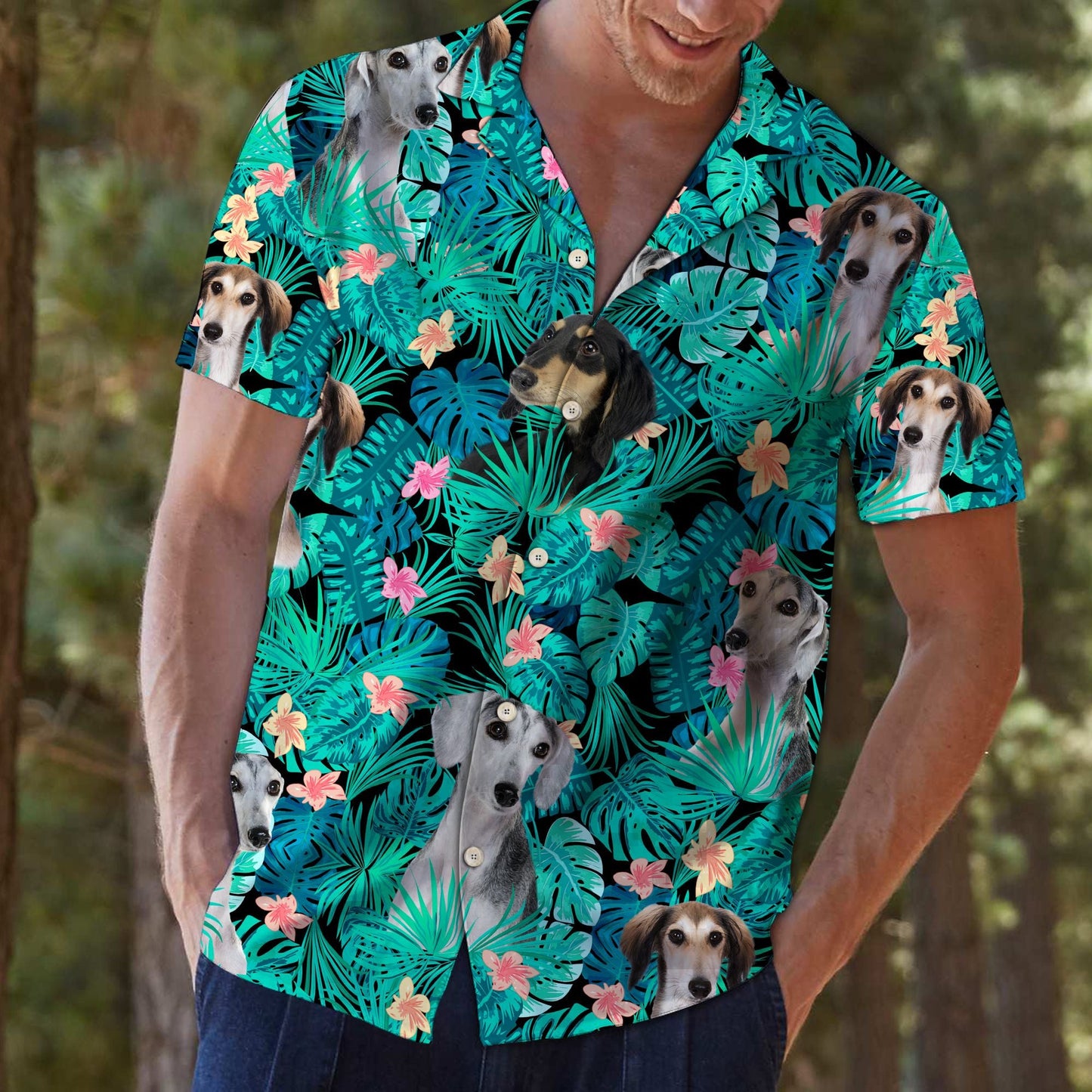 Naughty Saluki Lost In Tropical Jungle Pattern Hawaiian Shirt, Hawaiian Shirt Gift, Christmas Gift