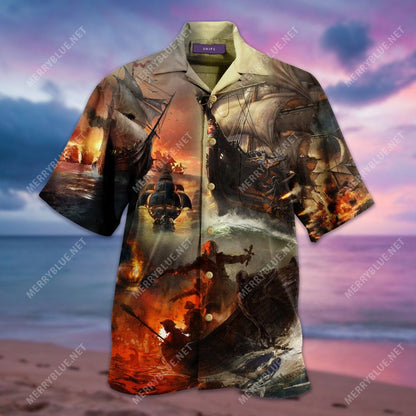 Amazing Fighting Pirate Ship Unisex Hawaiian Aloha Shirt Hawaiian Shorts Beach Short Sleeve, Hawaiian Shirt Gift, Christmas Gift