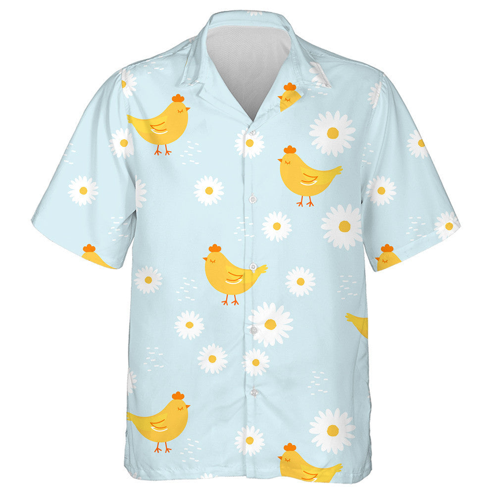 Little Chickens And Daisy Flower On Blue Background Hawaiian Shirt, Hawaiian Shirt Gift, Christmas Gift