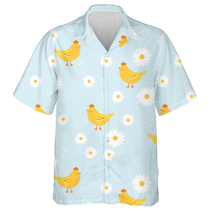 Little Chickens And Daisy Flower On Blue Background Hawaiian Shirt, Hawaiian Shirt Gift, Christmas Gift