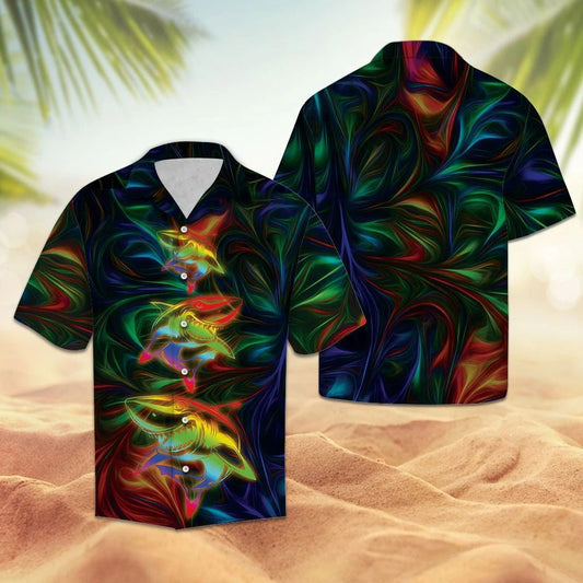 Strong Shark Colorful Lines In Dark Night Hawaiian Shirt, Hawaiian Shirt Gift, Christmas Gift