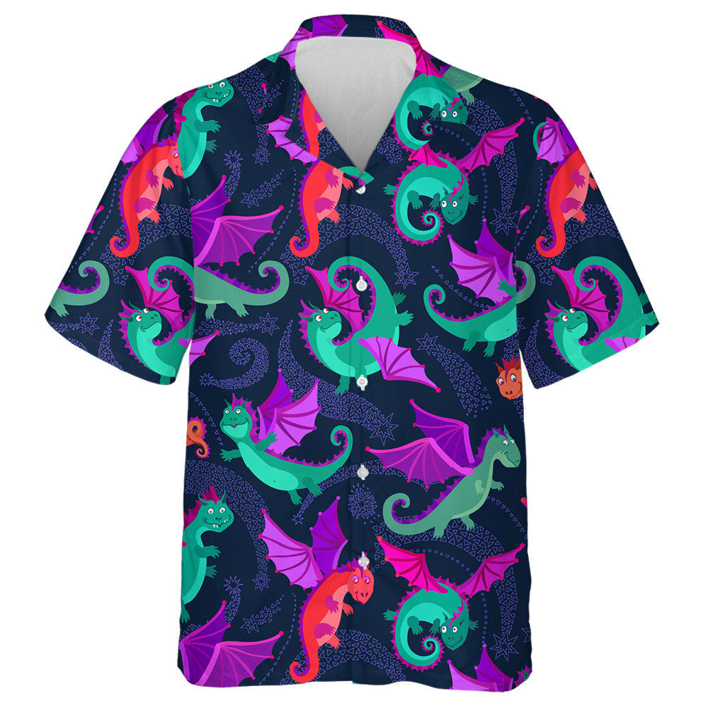 Cartoon Little Flying Dragons On Dark Blue Background Hawaiian Shirt, Hawaiian Shirt Gift, Christmas Gift