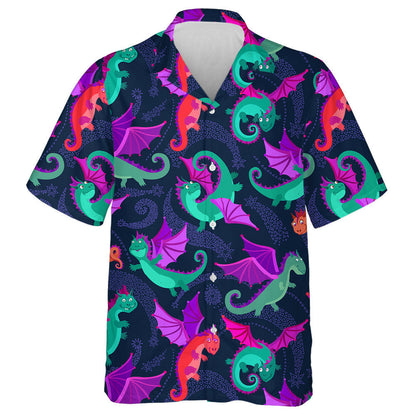 Cartoon Little Flying Dragons On Dark Blue Background Hawaiian Shirt, Hawaiian Shirt Gift, Christmas Gift