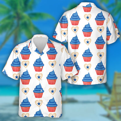 Cupcake And Herts With Stars Pattern Of 4th Of July Hawaiian Shirt, Hawaiian Shirt Gift, Christmas Gift